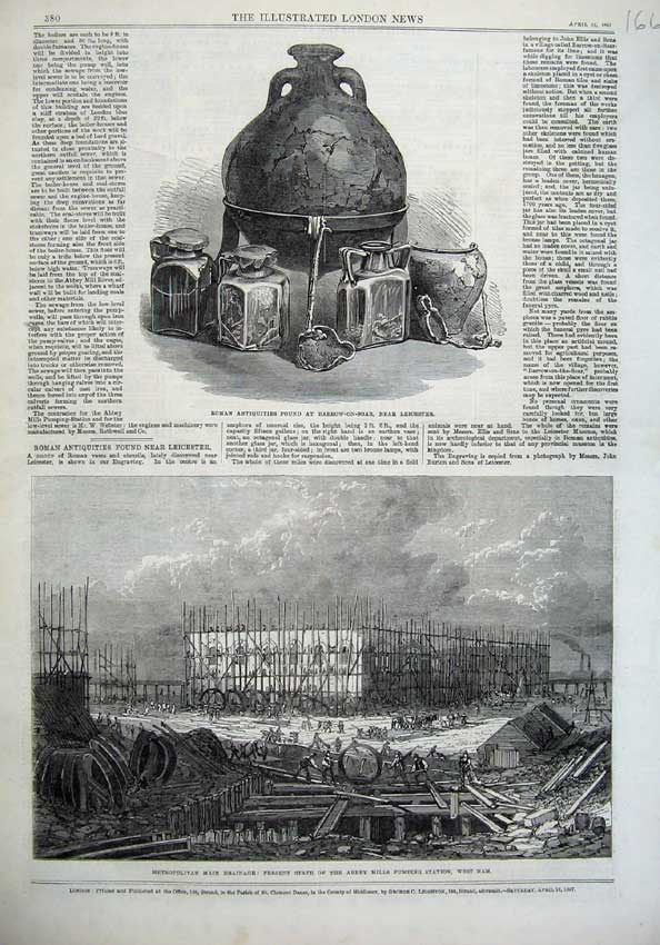 Old Antique Print 1867 Abbey Mills Pumping Station Roman Antiquities Soar 19th