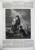 Original Old Antique Print 1867 Fine Art Orphans Children Cemetery Dog Crying