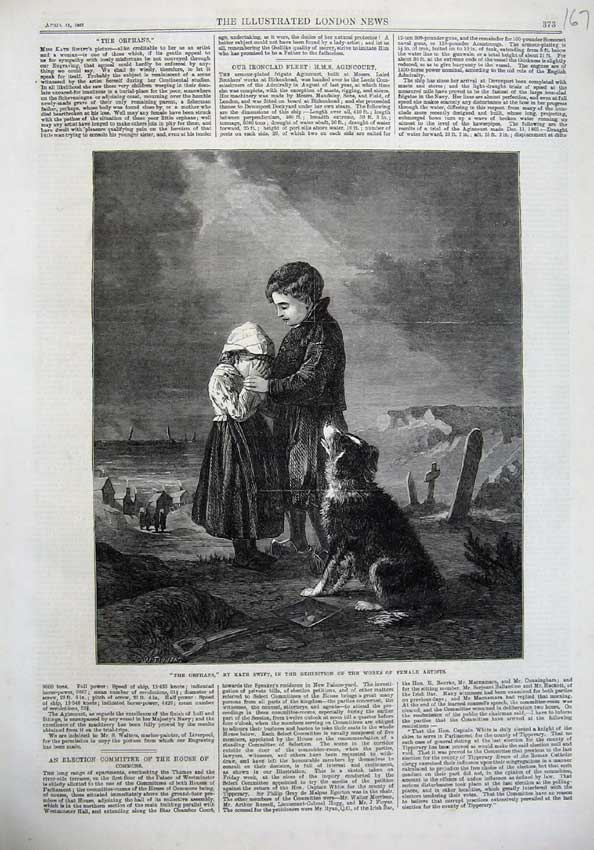 Original Old Antique Print 1867 Fine Art Orphans Children Cemetery Dog Crying