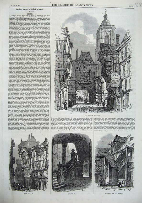 Original Old Antique Print Rouen 1867 Grosse Horloge Cloister Maclou Rue De Bac