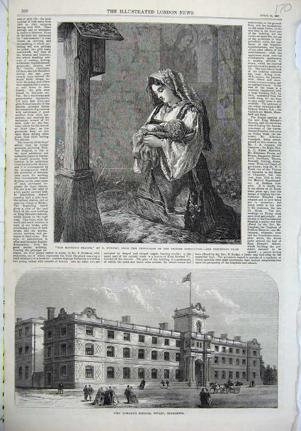 Original Old Antique Print Mothers Prayer Baby 1867 King Edward Schools Witley