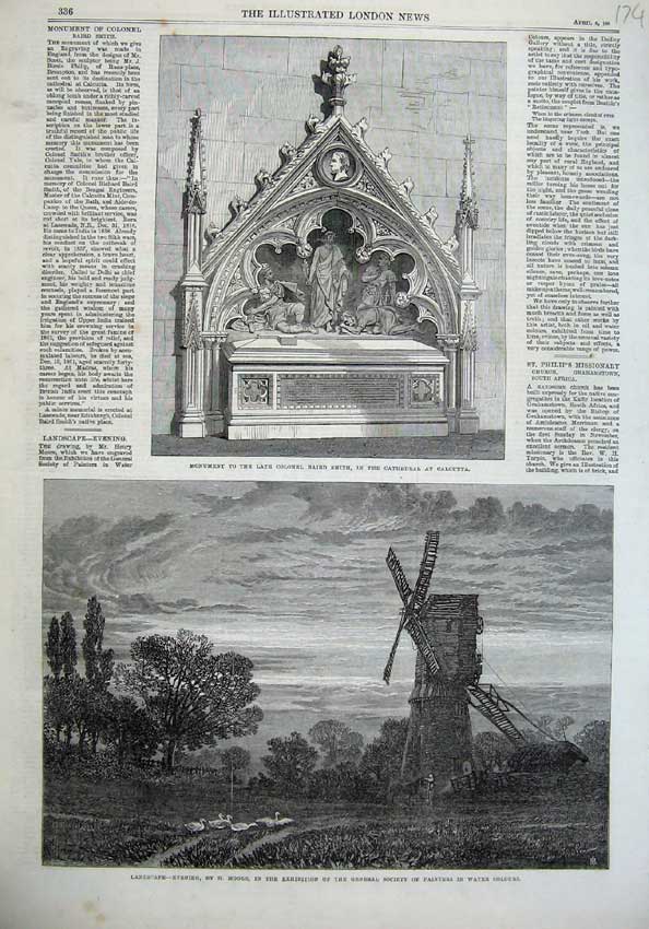 Old Antique Print Fine Art 1867 Windmill Monument Colonel Smith Calcutta 19th