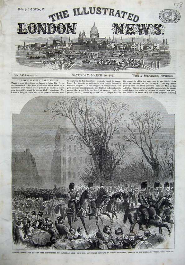 Original Old Antique Print 1867 March Ta Artillery Finsbury Square Prince Wales