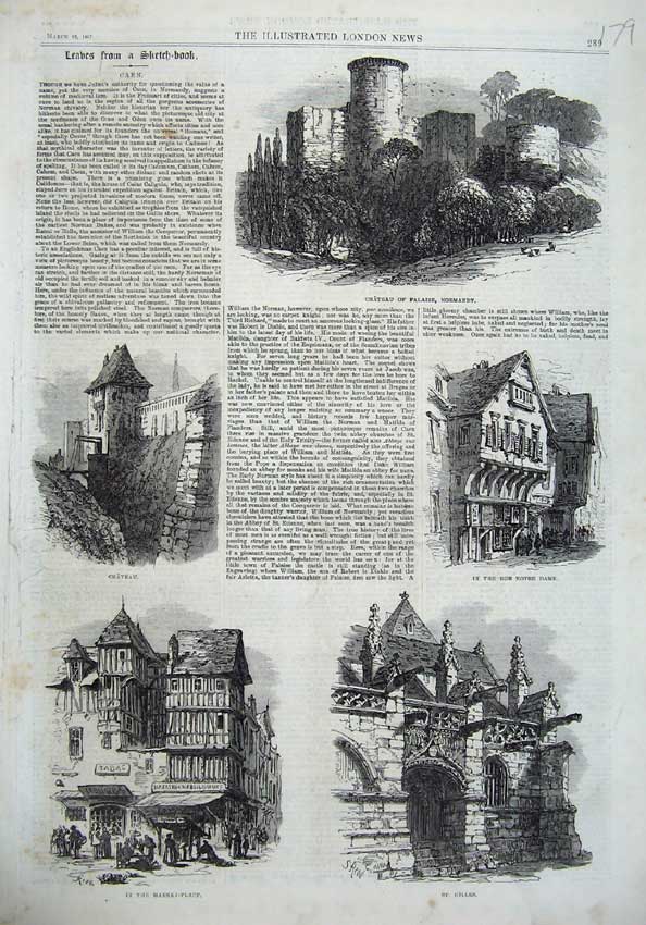 Old Antique Print Caen 1867 Chateau Normandy France Notre Dame Gilles Art 19th