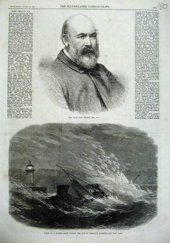 Old Antique Print John Phillip 1867 Wreck Fishing Ship Ramsgate Harbour 19th
