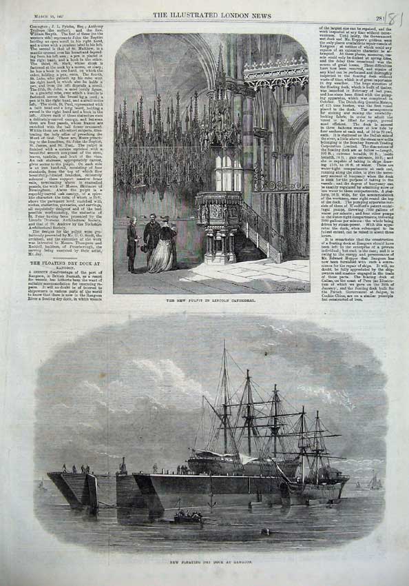 Original Old Antique Print 1867 Pulpit Lincoln Cathedral Floating Dock Rangoon
