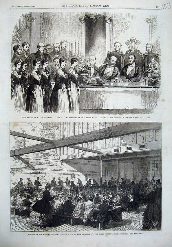 Old Antique Print 1867Prince Wales Welsh Charity School Children Deptford 19th