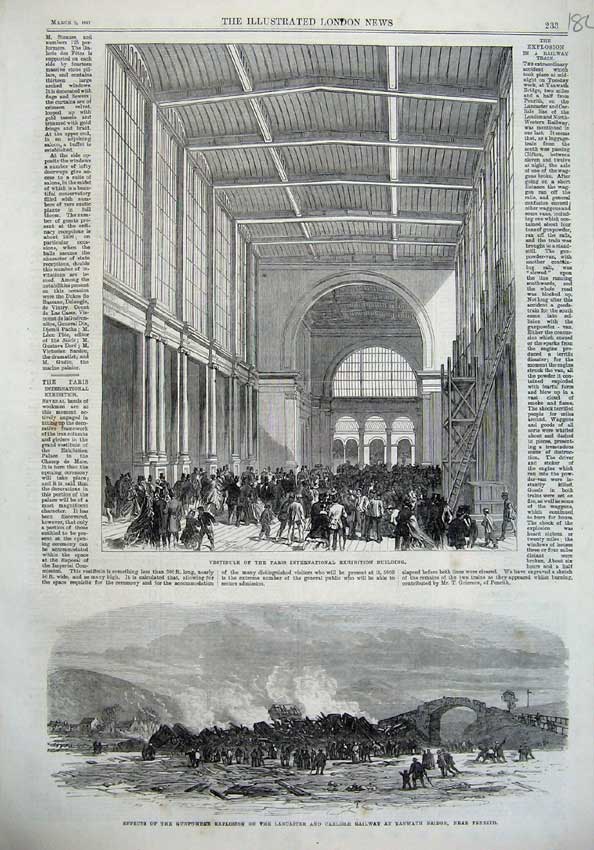 Old Antique Print Paris Exhibition Building1867 Carlisle Railway Explsion 19th