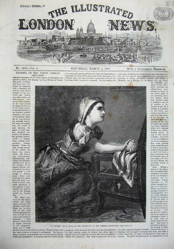 Old Antique Print Fine Art 1867 La Priere Young Girl Praying Beads Cross 19th