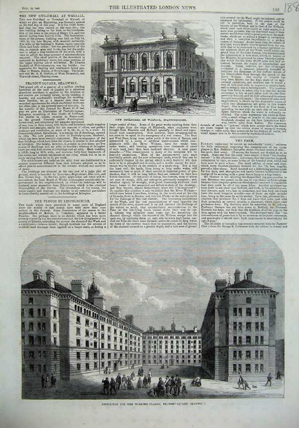 Original Old Antique Print Guildhall Walsall Staffordshire 1867 Shadwell Houses