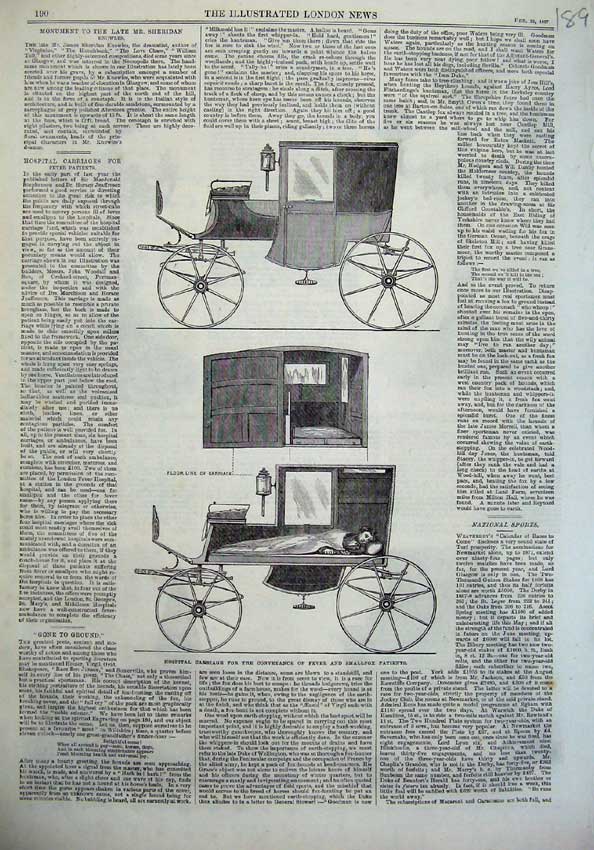 Original Old Antique Print 1867 Hospital Carriage Fever Patients Transport 19th