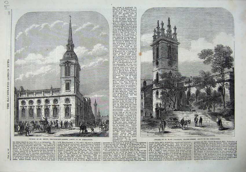 Original Old Antique Print Church Benet Gracechurch 1867 Mary Somerset Thames