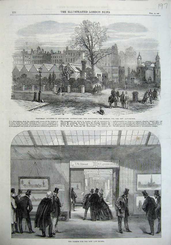 Original Old Antique Print 1867 Buildings Square Lincolns Inn Desing Law Courts