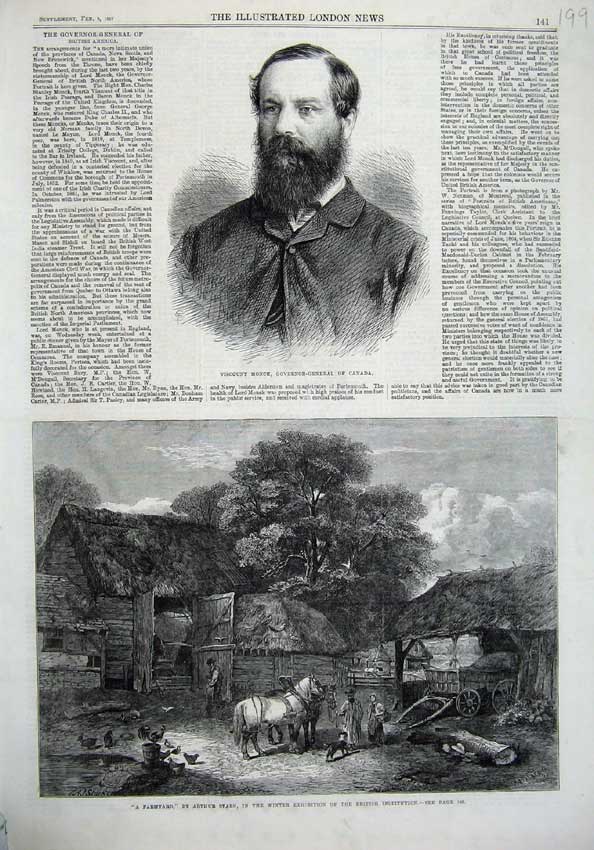 Original Old Antique Print Viscount Monck Canada 1867 Farmyard Horse Stable Art