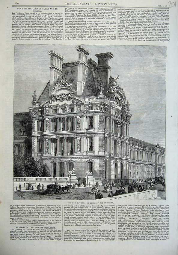 Old Antique Print 1867 View New Pavillion De Flore Tuileries Building Art 19th