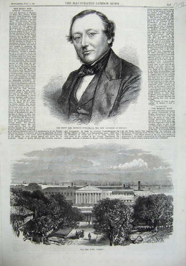 Old Antique Print 1867 Seymour Fitzgerald Governor Bombay Mint Building 19th