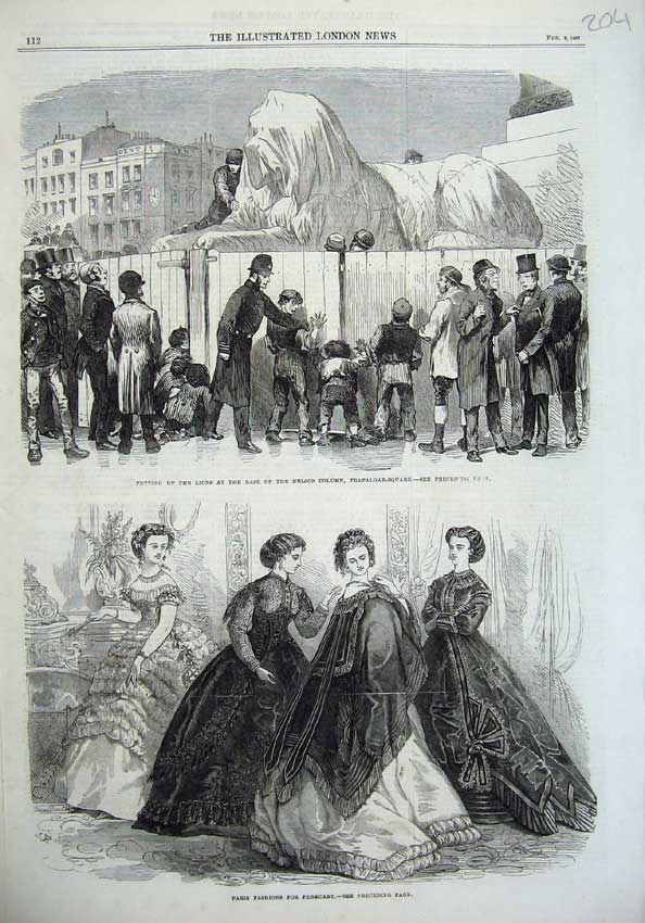 Old Antique Print 1867 Aris Fashion Nelson Column Trafalgar Square Lions 19th