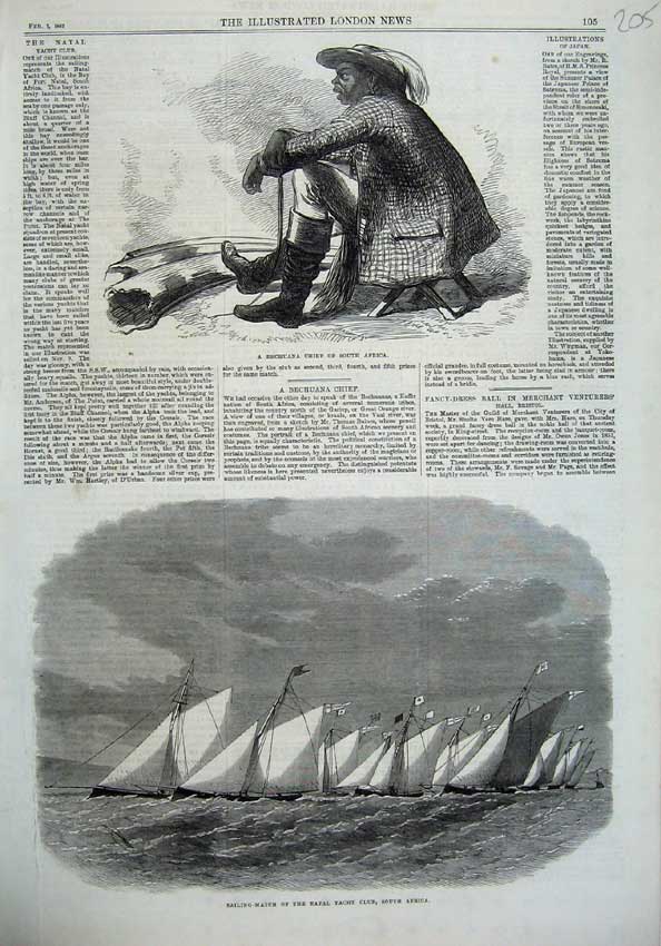 Original Old Antique Print 1867 Bechuana Chief Africa Sailing-Match Natal Yacht