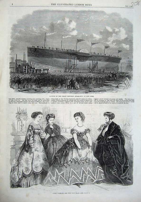 Old Antique Print Paris Fashion 1867 Launch Great Republic Ship New York 19th