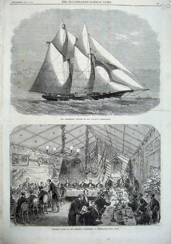 Original Old Antique Print Ship Henrietta 1867 Banquet American Yachtsmen Cowes