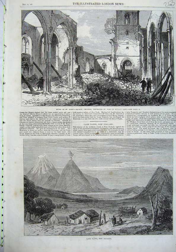 Old Antique Print Lake Taupo New Zealand 1867 Ruins Johns Church Croydon 19th