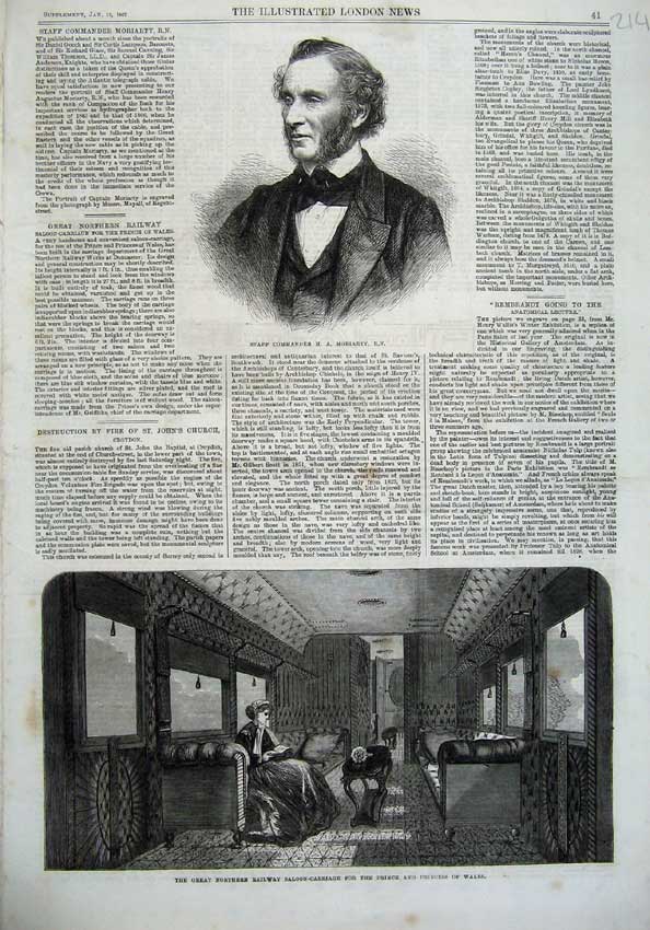 Old Antique Print 1867 Commander Moriarty Railway Carriage Saloon Wales 19th