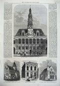 Old Antique Print 1867 Campanile Hotel Ville Paris Church Highbury Romsey 19th