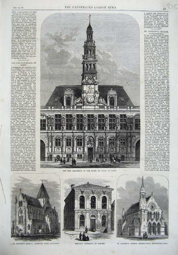 Old Antique Print 1867 Campanile Hotel Ville Paris Church Highbury Romsey 19th
