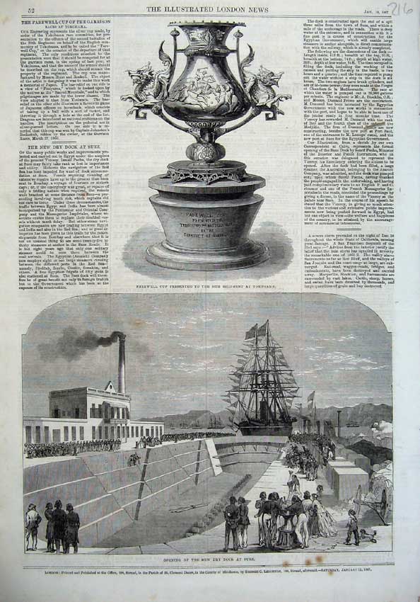Old Antique Print 1867 Cup Army Yokohama Dry Dock Suez Sailing Ships Art 19th