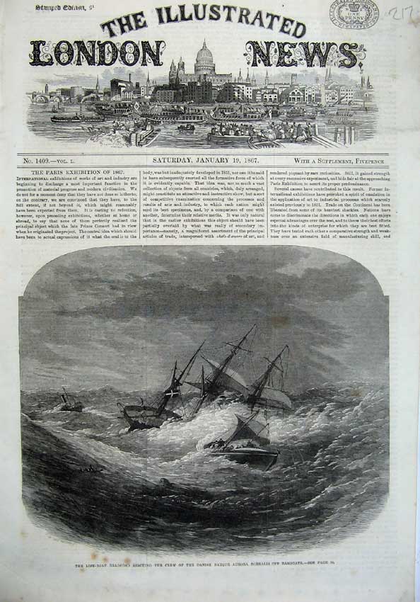Old Antique Print 1867 Life Boat Crew Ship Danish Barque Aurora Borealis 19th