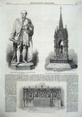Old Antique Print 1867Manchester Statue Albert Memorial Reredos Prestwich 19th