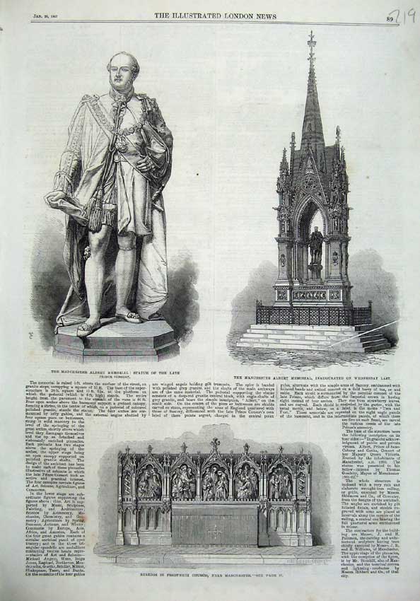 Old Antique Print 1867Manchester Statue Albert Memorial Reredos Prestwich 19th