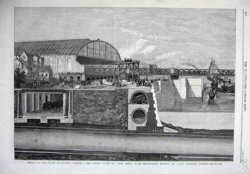 Old Antique Print 1867 Thames Embankment Subway Sewer Pneumatic Railway 19th