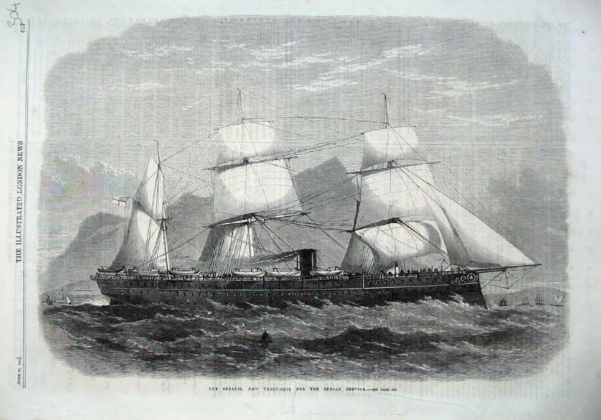 Old Antique Print 1867 Troop Ship Serapis Indian Service War Sailing Sea 19th