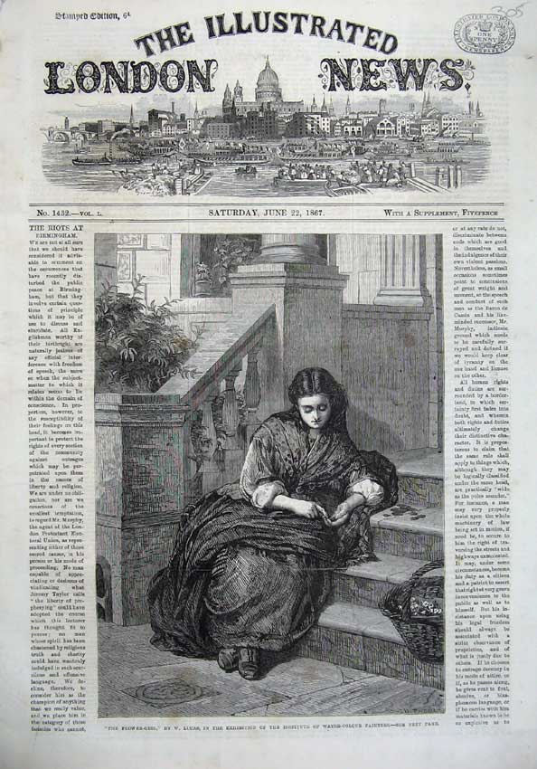 Old Antique Print 1867 Flower Girl House Doorstep Basket Fine Art Lucas 19th
