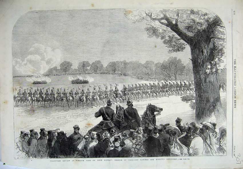 Old Antique Print 1867 Ta Army Review Windsor Park Yeomanry Lancers War 19th