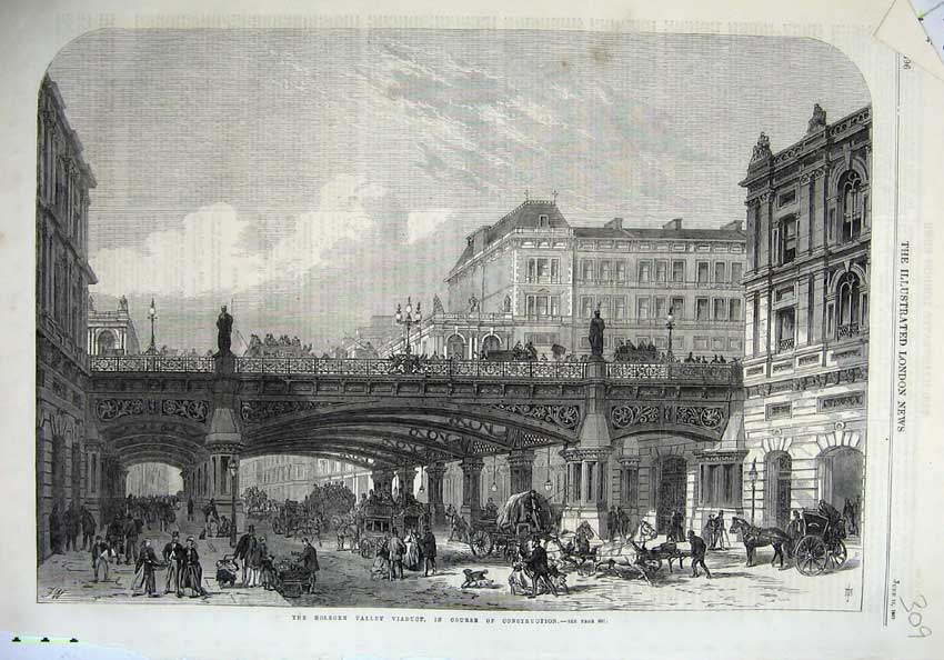 Original Old Antique Print 1867 Holborn Valley Viaduct Bridge Street Fine Art