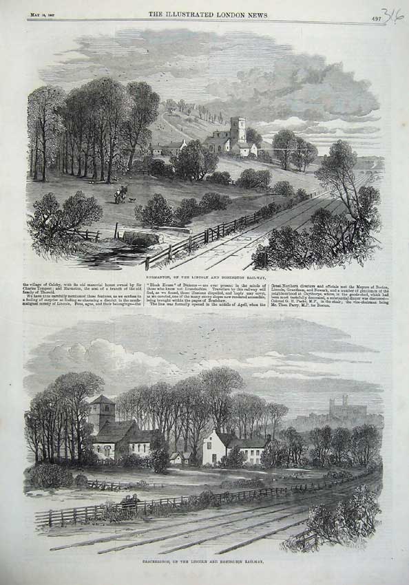 Original Old Antique Print Normanton Honington Railway 1867 Bracebridge Lincoln