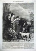 Original Old Antique Print 1867 Fine Art Monkey Dog Children Fruit Kensington