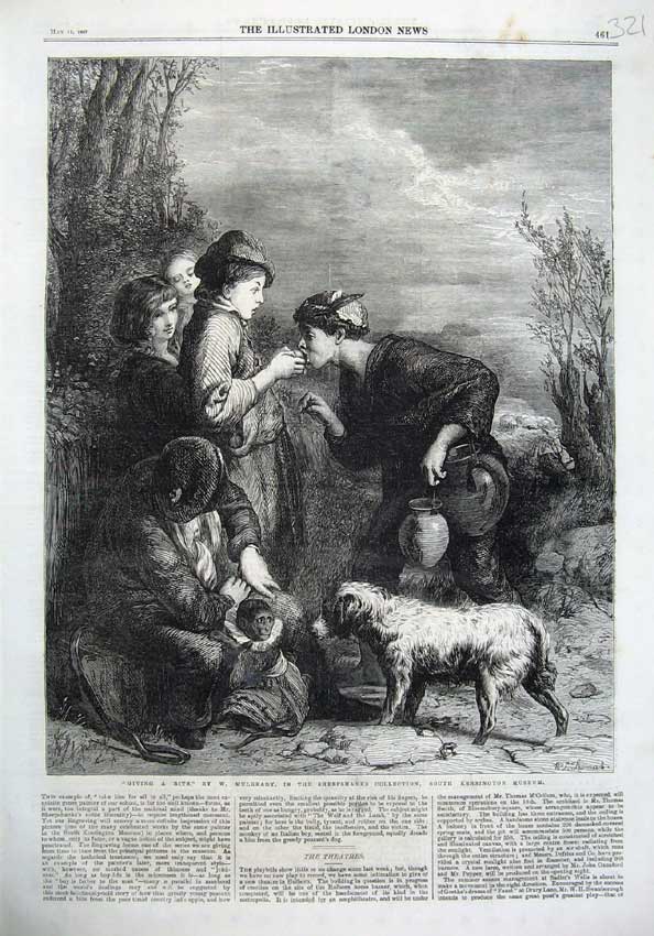 Original Old Antique Print 1867 Fine Art Monkey Dog Children Fruit Kensington