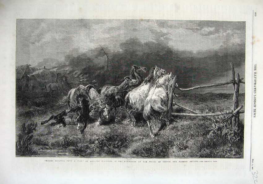 Old Antique Print 1867 Horses Escaping Fire Country Art Adolphe Schreyer 19th