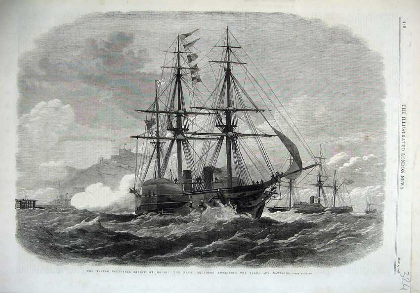 Original Old Antique Print 1867 Naval Squadron Ship Dover Forts Batteries 19th