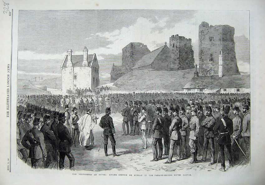 Original Old Antique Print Ta Army Dover 1867 Service Parade Ground Castle War