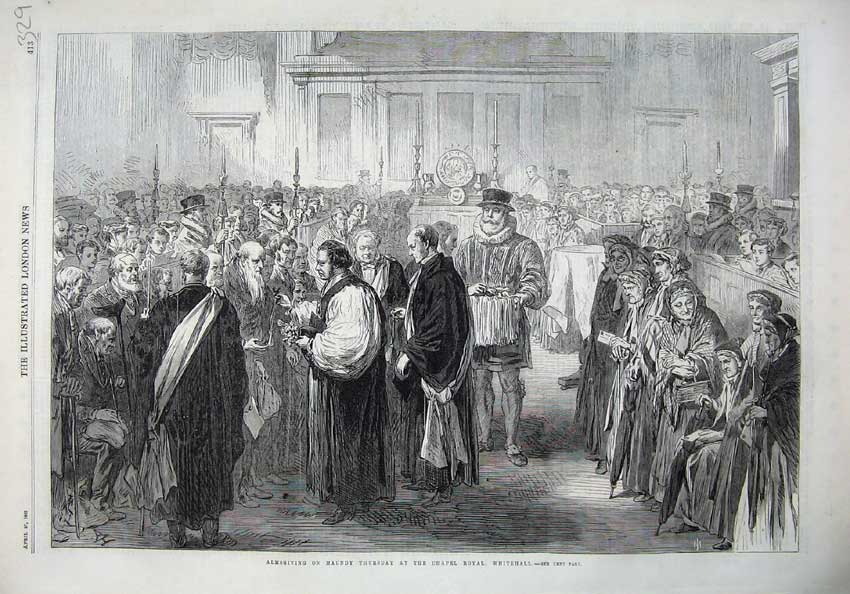 Old Antique Print 1867 Almsgiving Maundy Thursday Royal Chapel Whitehall 19th
