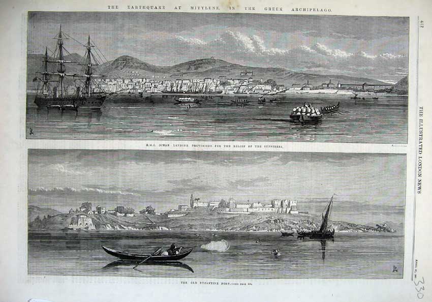 Old Antique Print 1867 Ship Ocean Byzantine Fort Earthquake Archipelago 19th