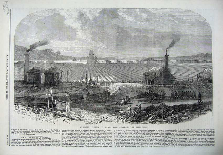 Old Antique Print 1867 Admiralty Works Mary Isle Chatham Brick-Field Art 19th