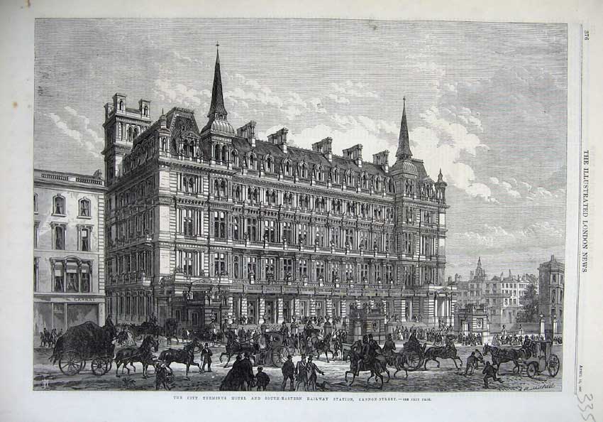Original Old Antique Print Fine Art 1867 Terminus Hotel Railway Station Cannon