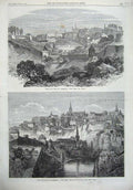 Original Old Antique Print Town Fort Luxemburg 1867 Fort Du Moulin Bridge River
