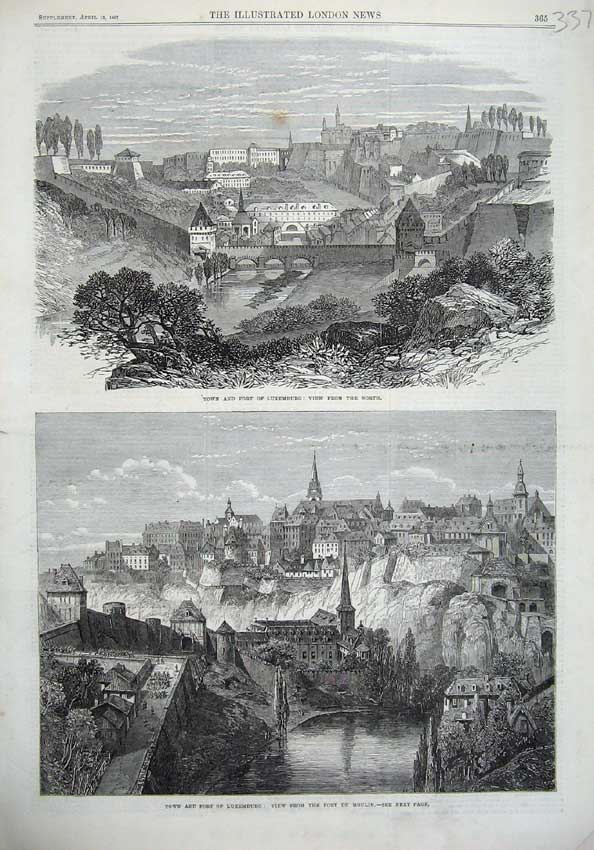 Original Old Antique Print Town Fort Luxemburg 1867 Fort Du Moulin Bridge River