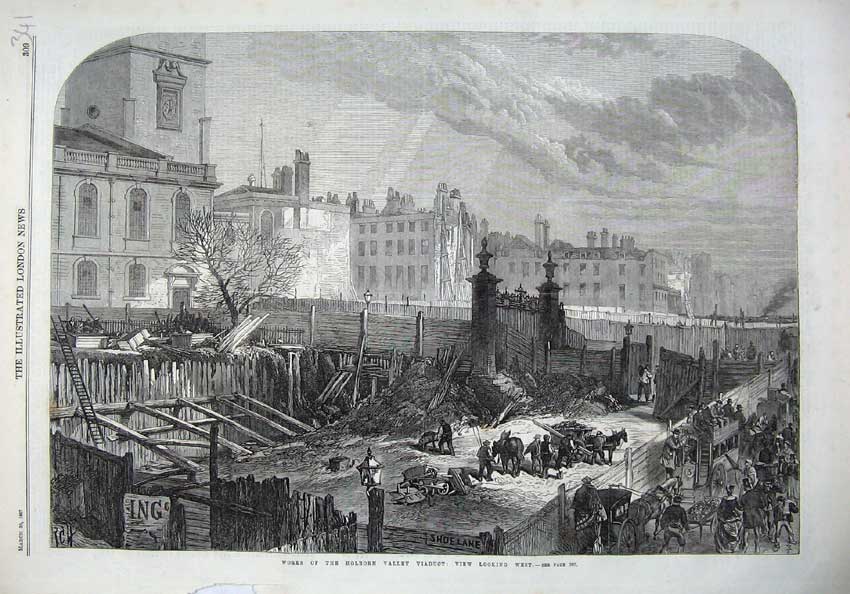 Original Old Antique Print Fine Art 1867 Holborn Valley Viaduct Horse Coach